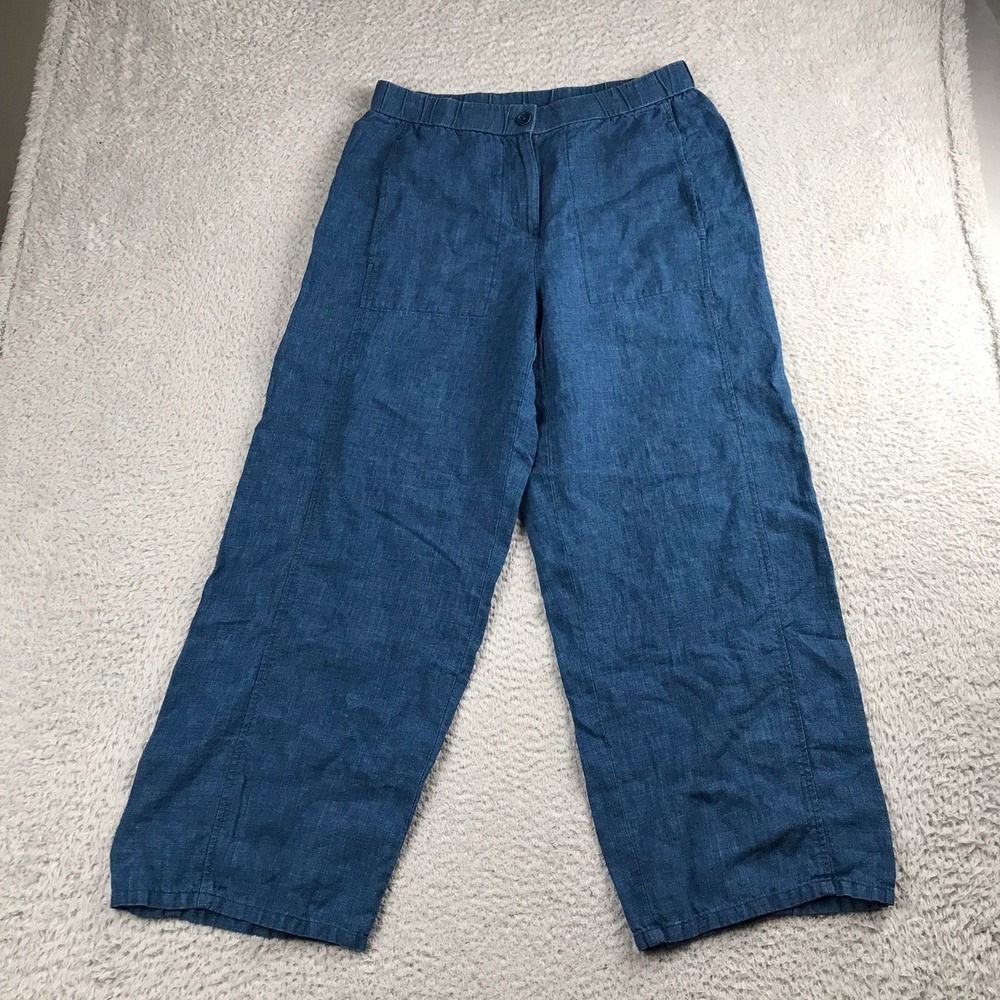 Eileen Fisher Organic Linen Pants Women S (31x27) Blue Wide Leg Cropped Pockets